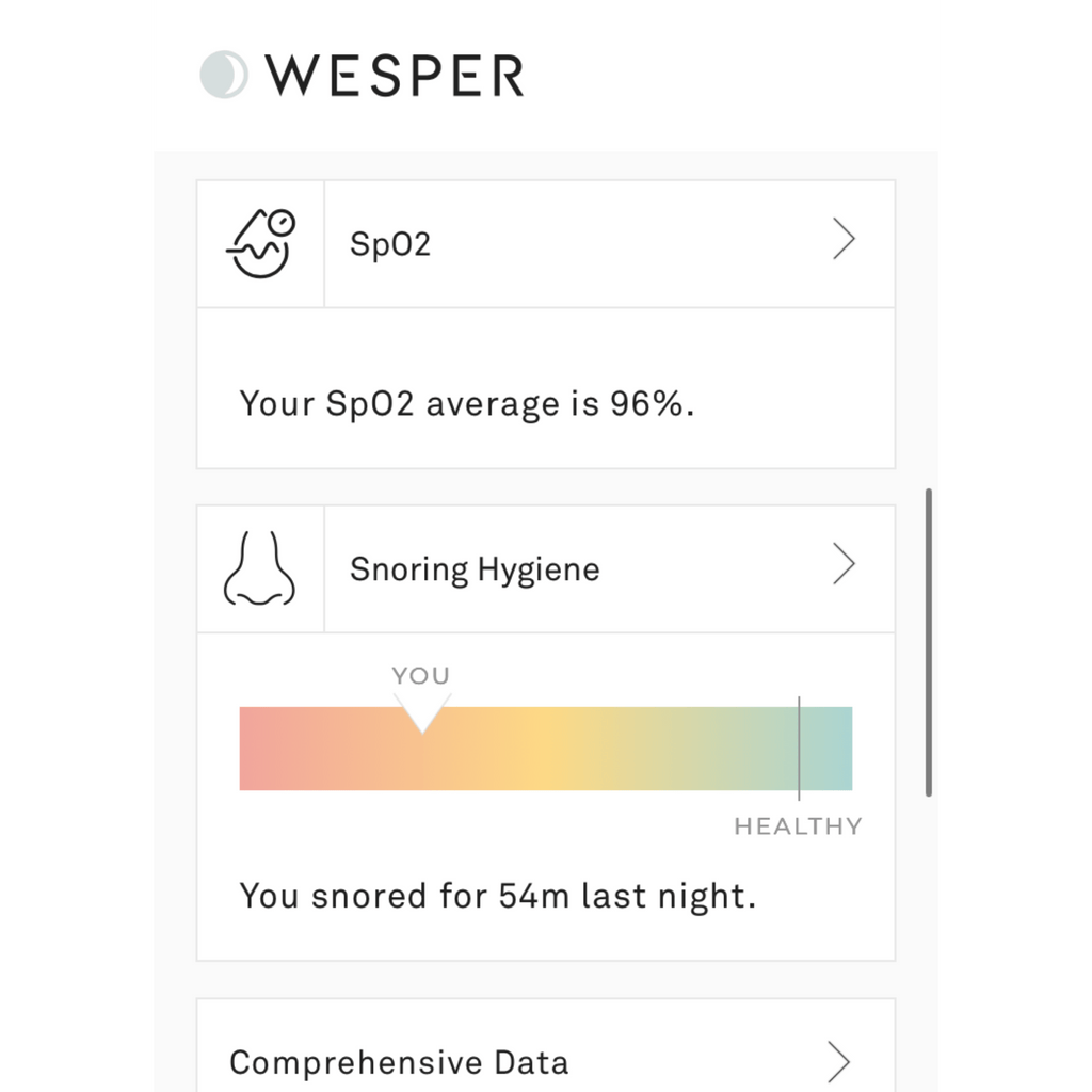 Wesper app screenshot of results review screen. Breathing and snoring quality results.