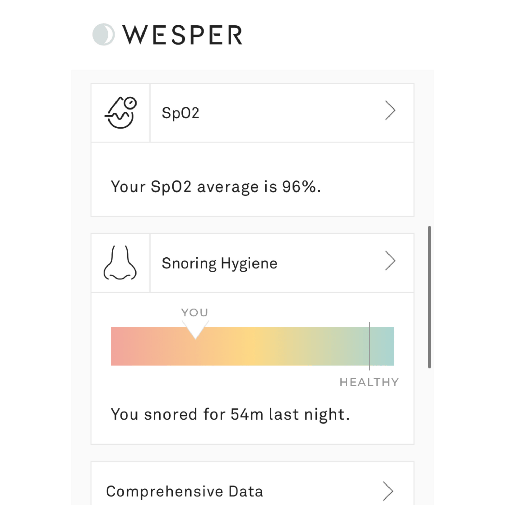 Wesper app screenshot of results review screen. Breathing and snoring quality results.