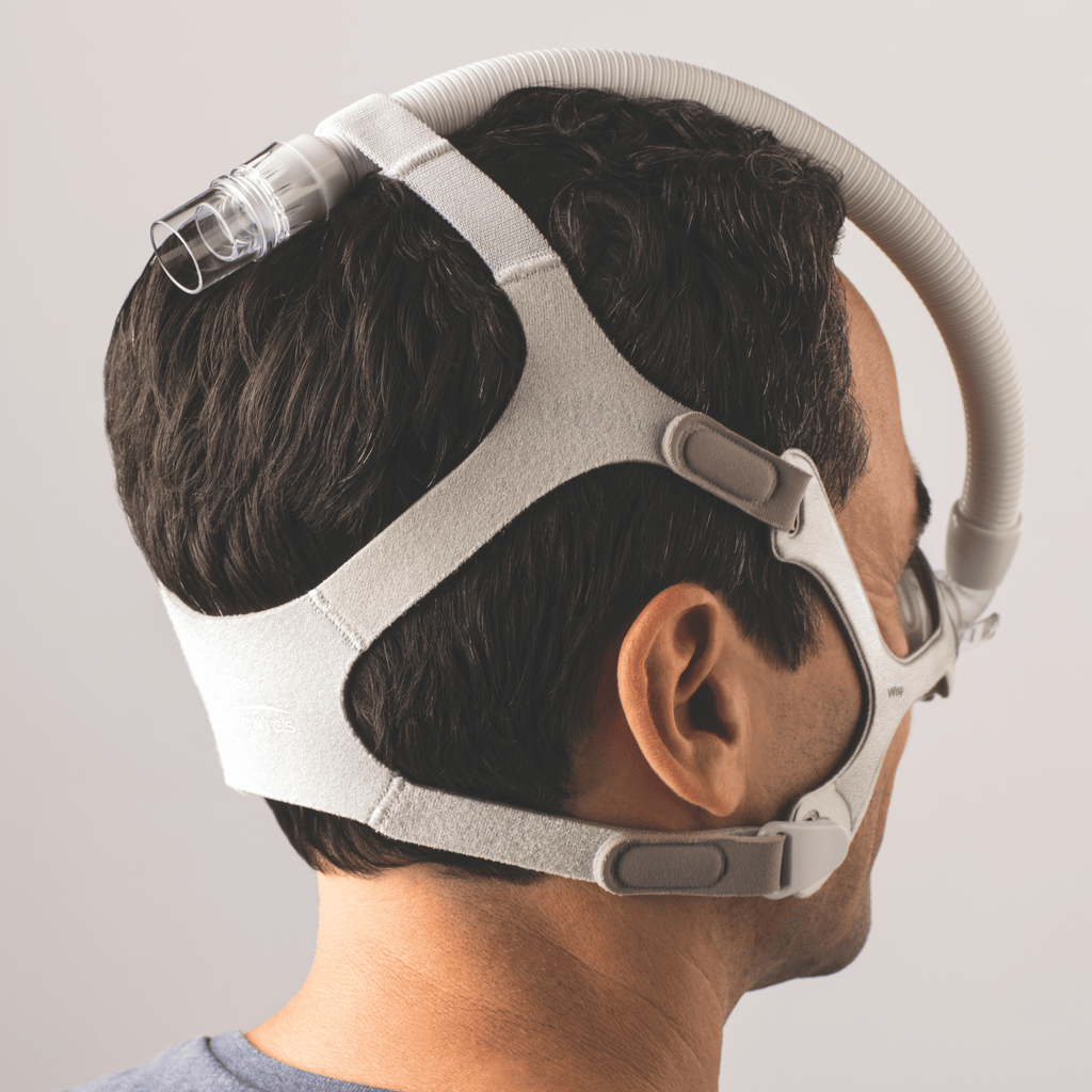 wisp nasal mask shown from the back in the tube up configuration which routes the short tube over the head through a loop in the headgear