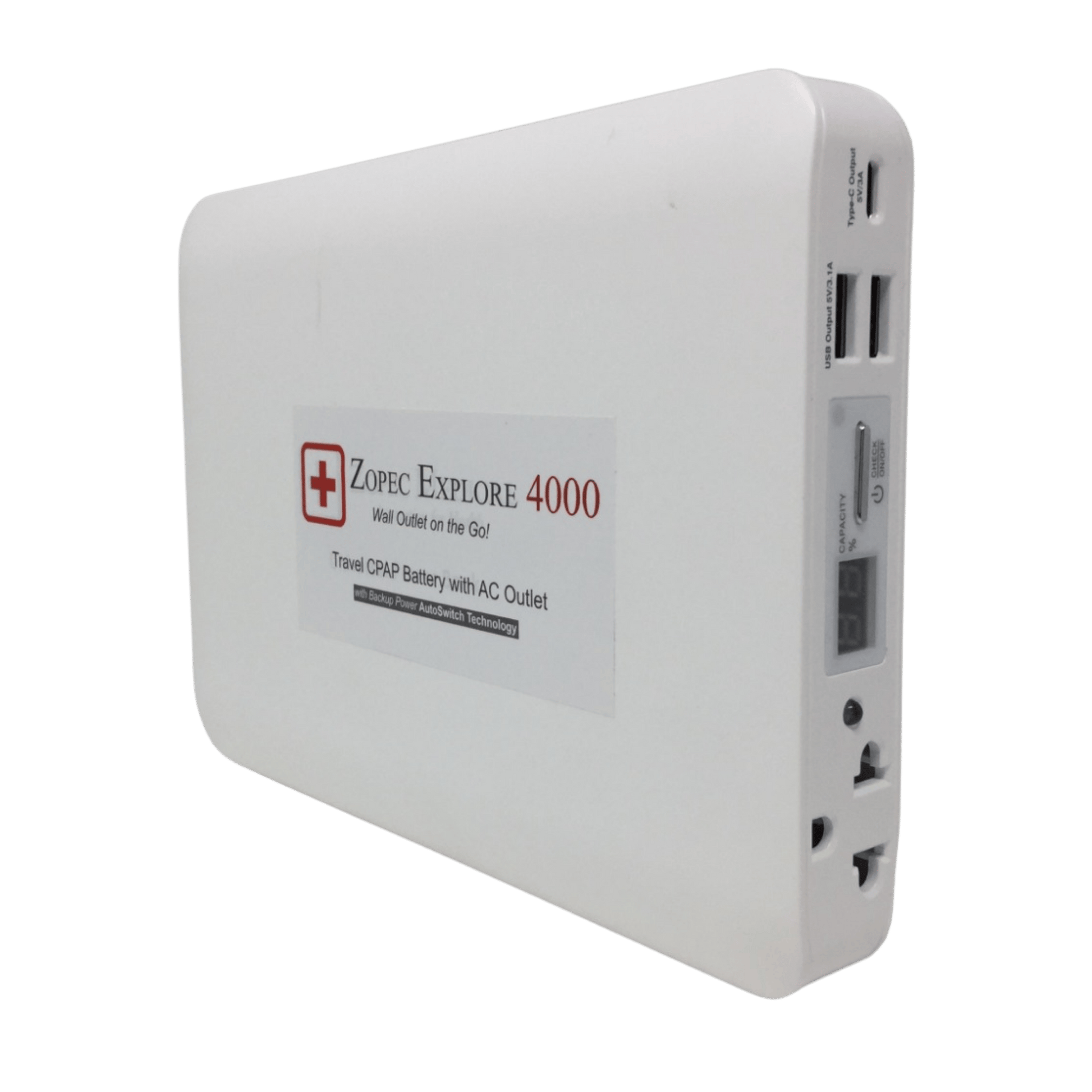 zopec explore 4000 angled showing 1 ac outlet, 2 usb ports, and 1 usb type-c outlet