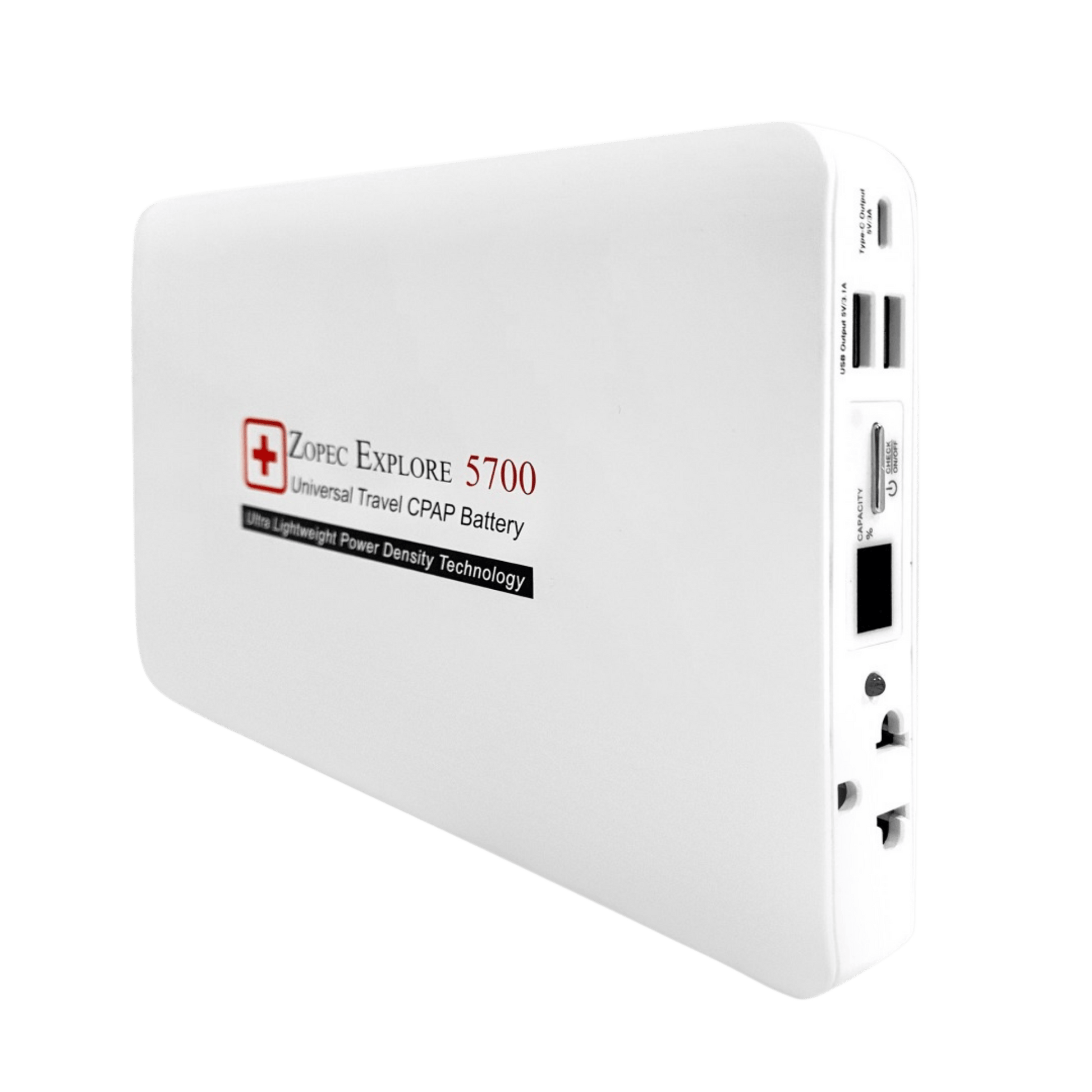 zopec explore 5700 angled showing AC outlet, 2 usb ports, and 1 usb type-c outlet