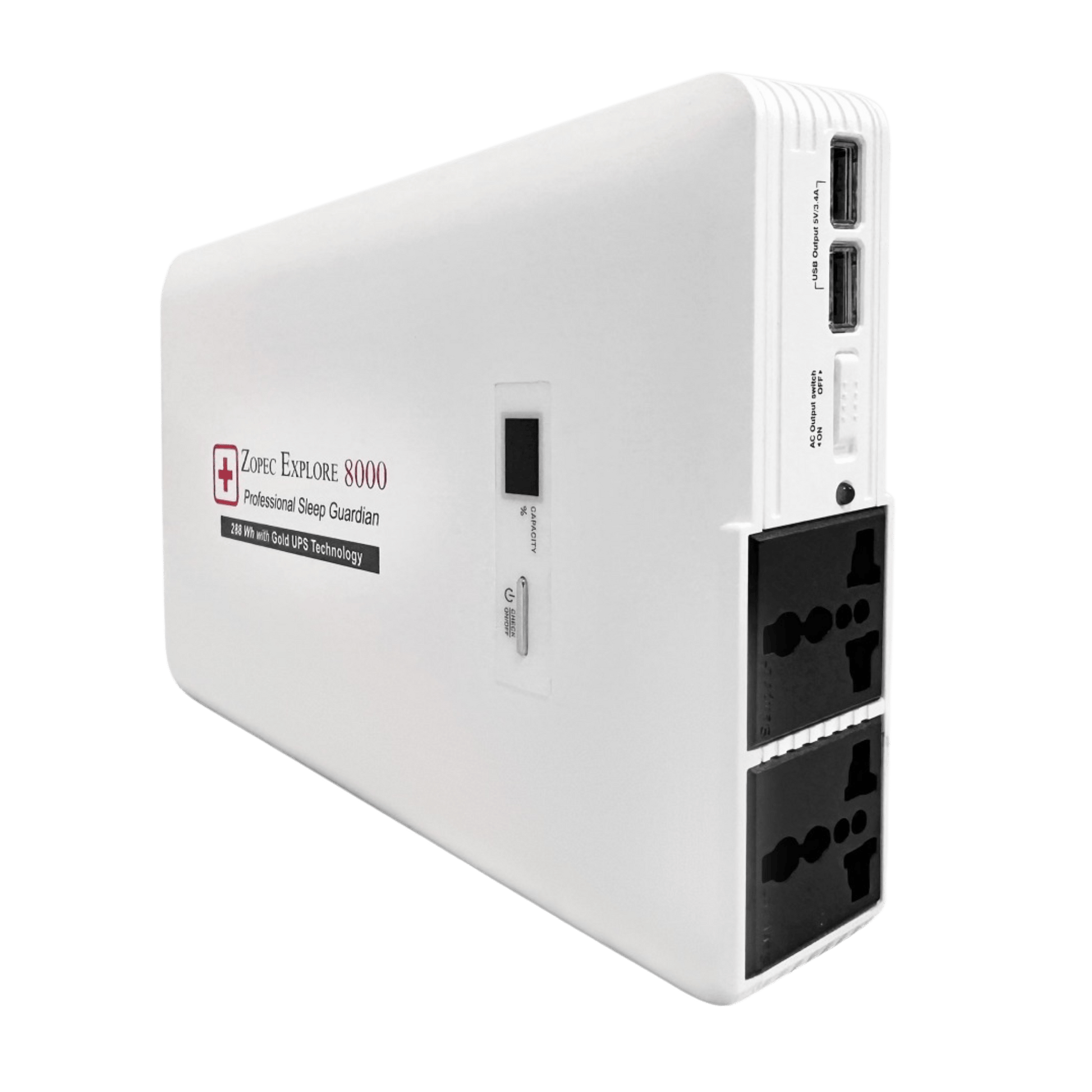 zopec explore 8000 front angled shot showing two ac outlets and two usb ports