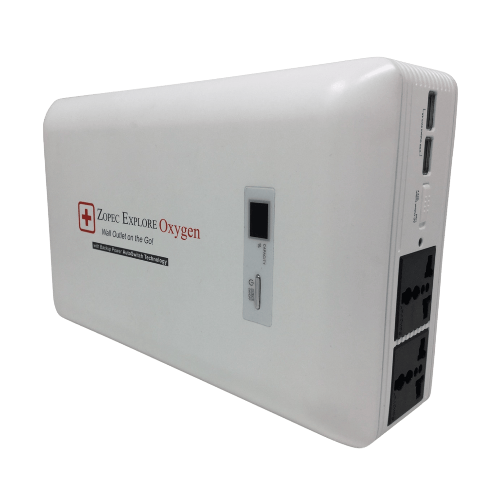 zopec explore oxygen angled showing 2 ac outlets and 2 usb ports