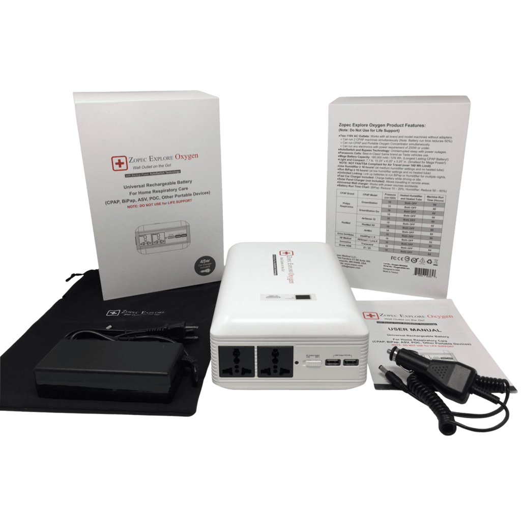 zopec explore oxygen pictured with included travel pouch, user manual, wall charger, and car charger.
